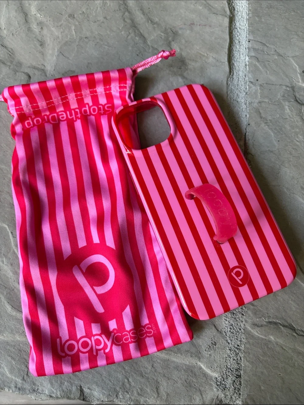 iPhone 14 - Loopy Case Pink/Res Striped with Matching Pouch + Loop